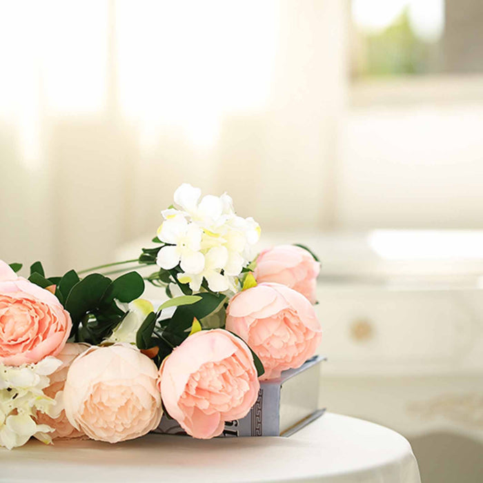 2 Bushes Light Blush | Rose Gold Peony And Hydrangea Artificial Silk Flower Bouquets