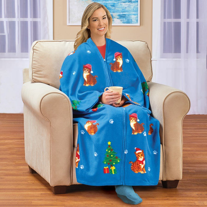 Christmas Cat Soft Fleece Zippered Cuddle Wrap Blanket