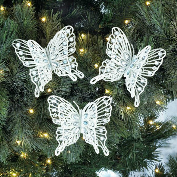 White Butterfly Christmas Ornament Set
